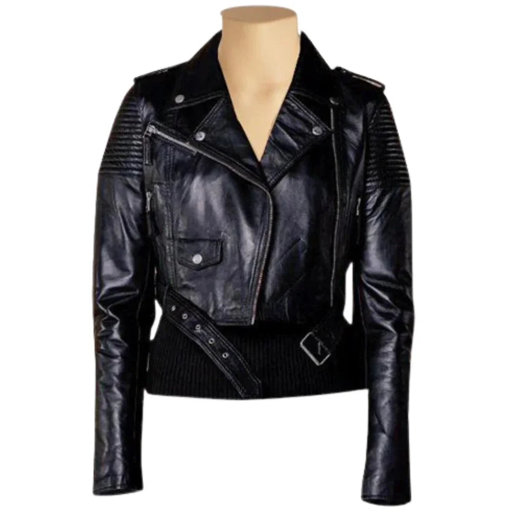 Martyna Black Cropped Biker Leather Jacket with Waist Belt