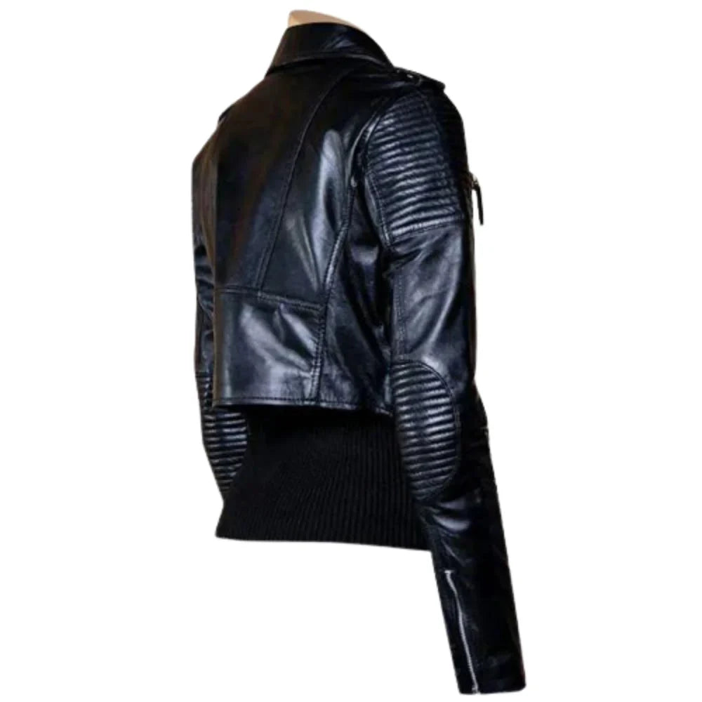 Martyna Black Cropped Biker Leather Jacket with Waist Belt