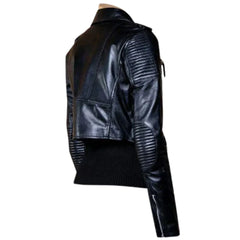 Martyna Black Cropped Biker Leather Jacket with Waist Belt