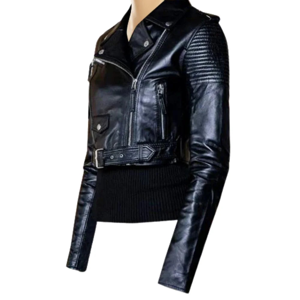 Martyna Black Cropped Biker Leather Jacket with Waist Belt
