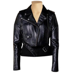 Martyna Black Cropped Biker Leather Jacket with Waist Belt