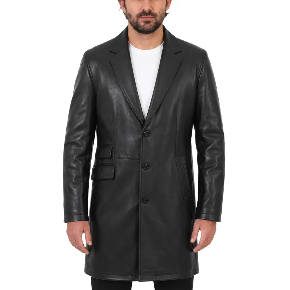 Black leather 3/4 length trench coat