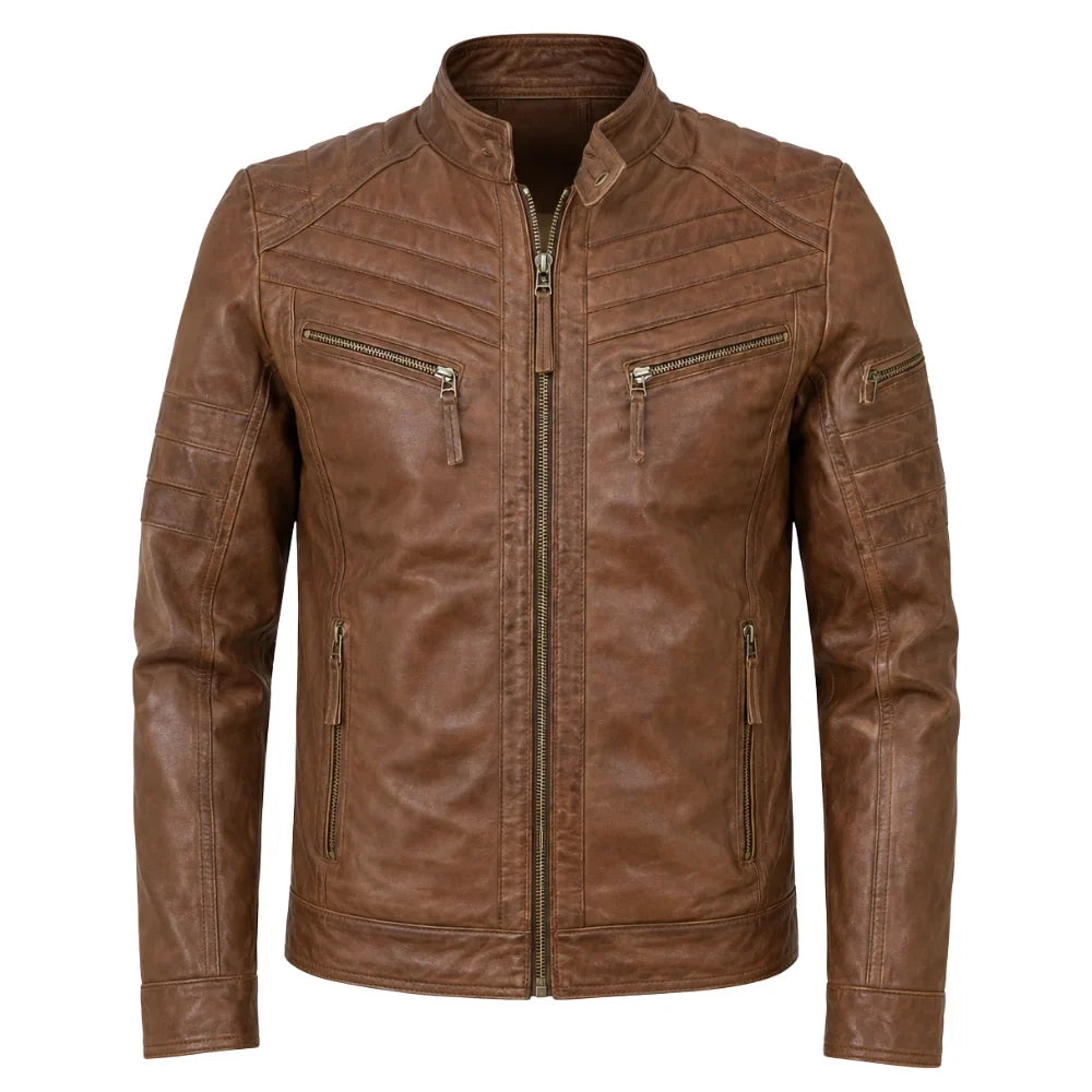 Brown moto style jacket with patterns