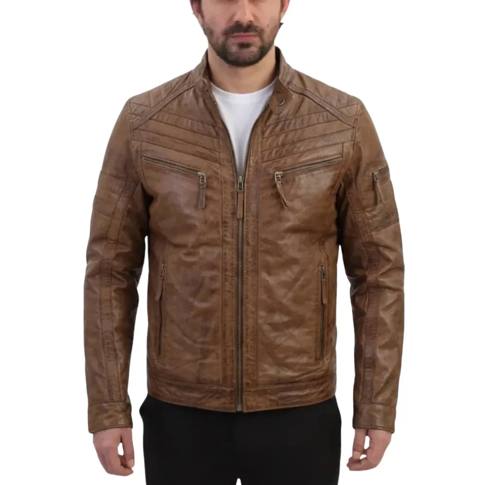 Brown moto style jacket with patterns