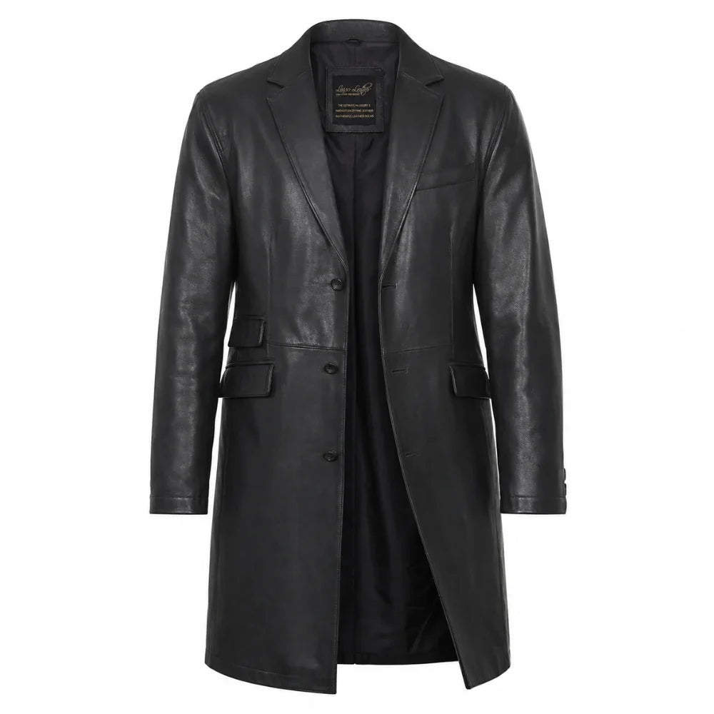 Black leather 3/4 length trench coat