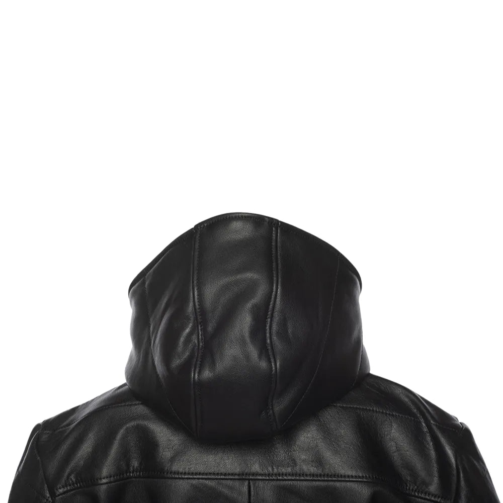 Jules black Buttoned up hooded leather jacket