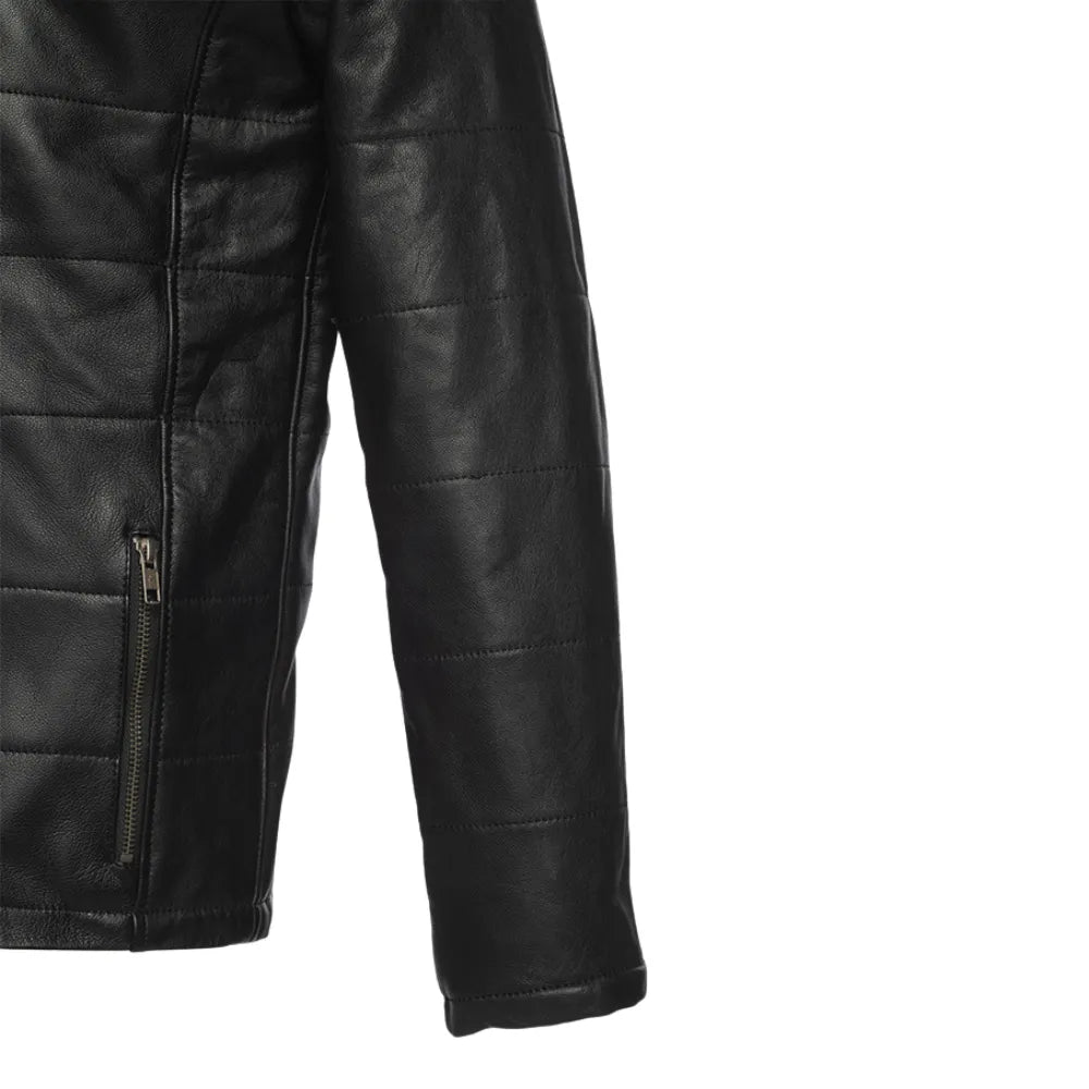 Jules black Buttoned up hooded leather jacket