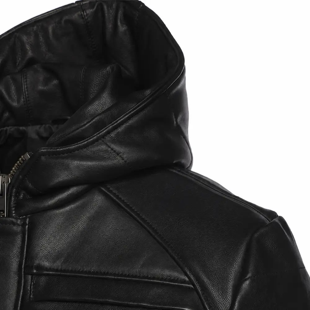 Jules black Buttoned up hooded leather jacket