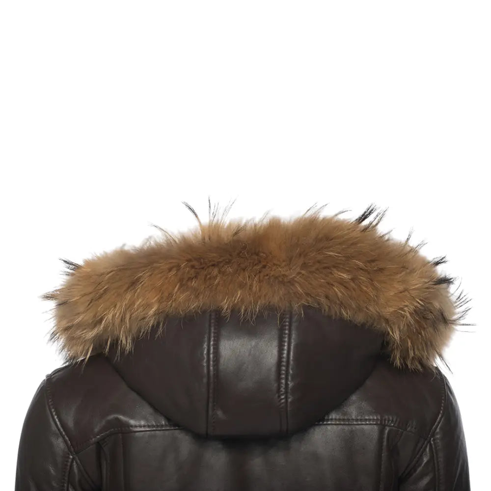 Castillo Brown winter leather jacket with hoodie