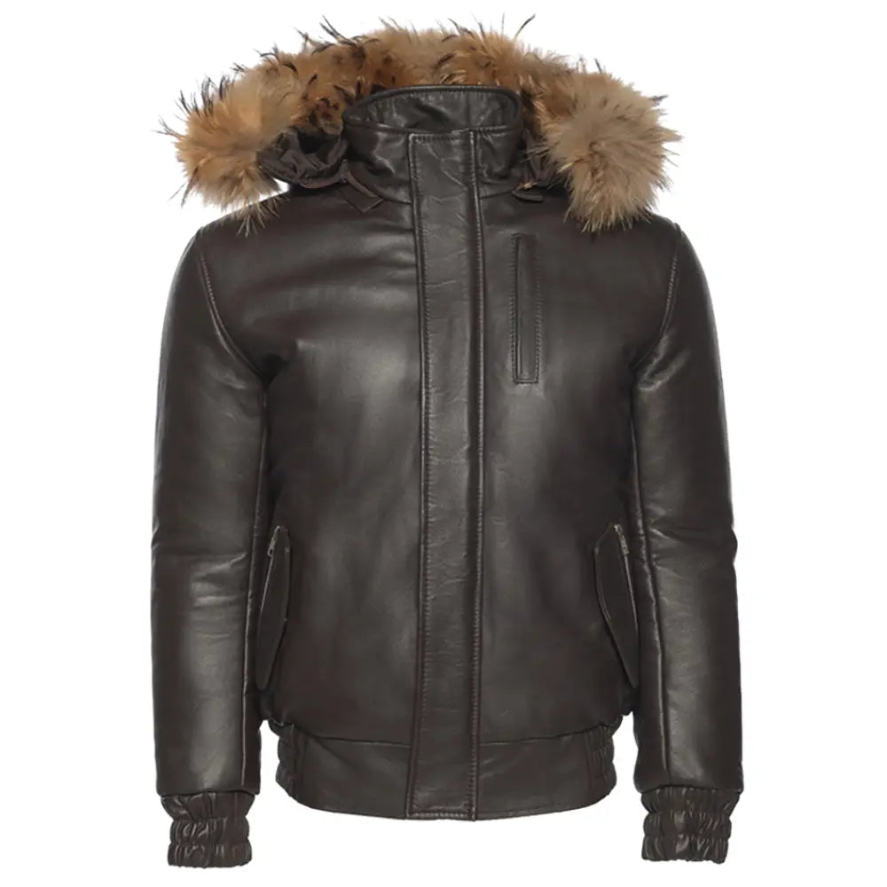 Castillo Brown winter leather jacket with hoodie