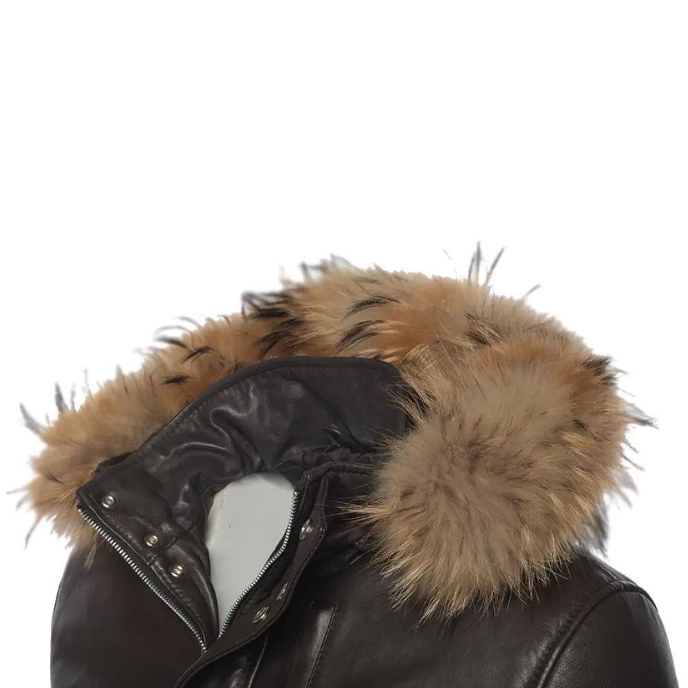 Castillo Brown winter leather jacket with hoodie