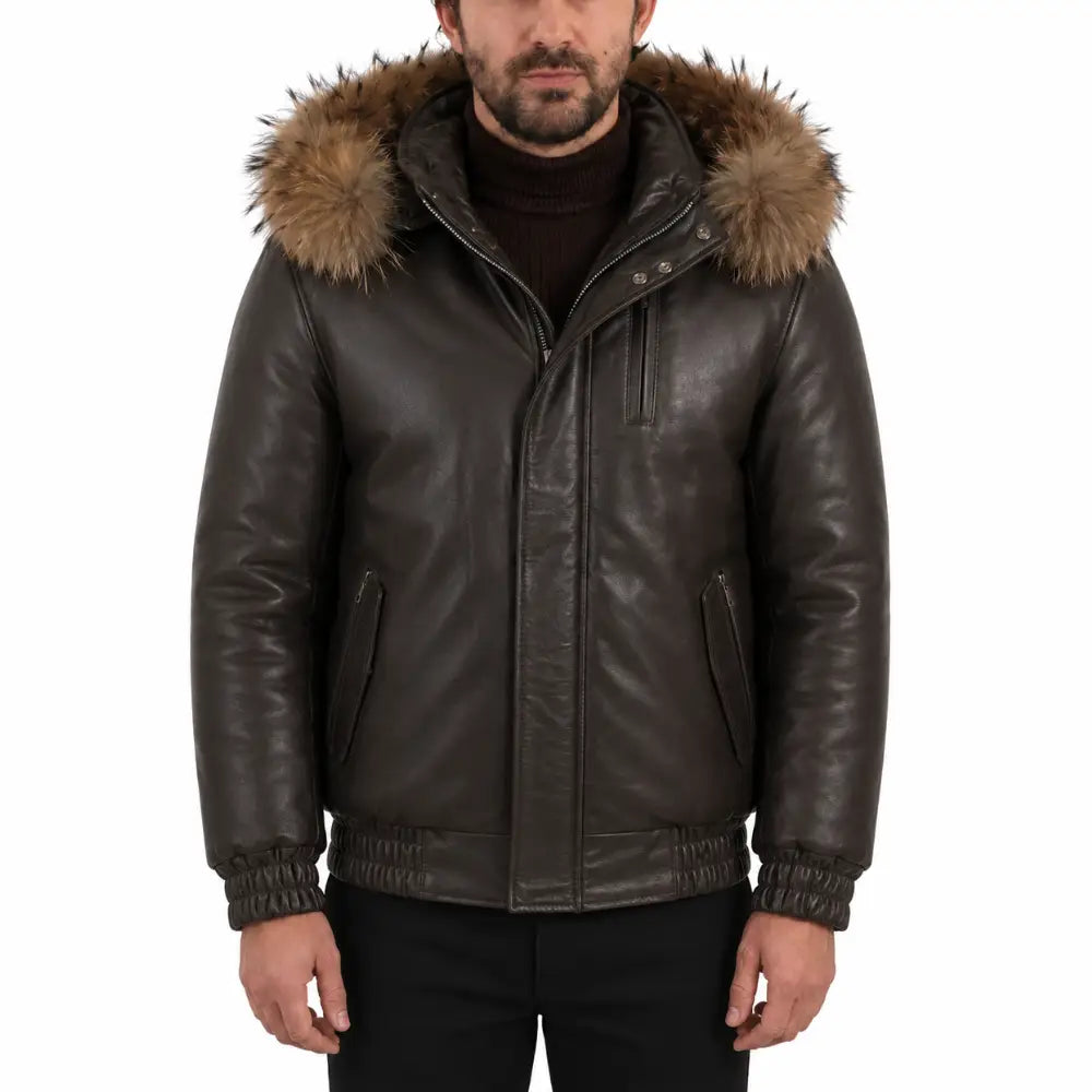 Castillo Brown winter leather jacket with hoodie