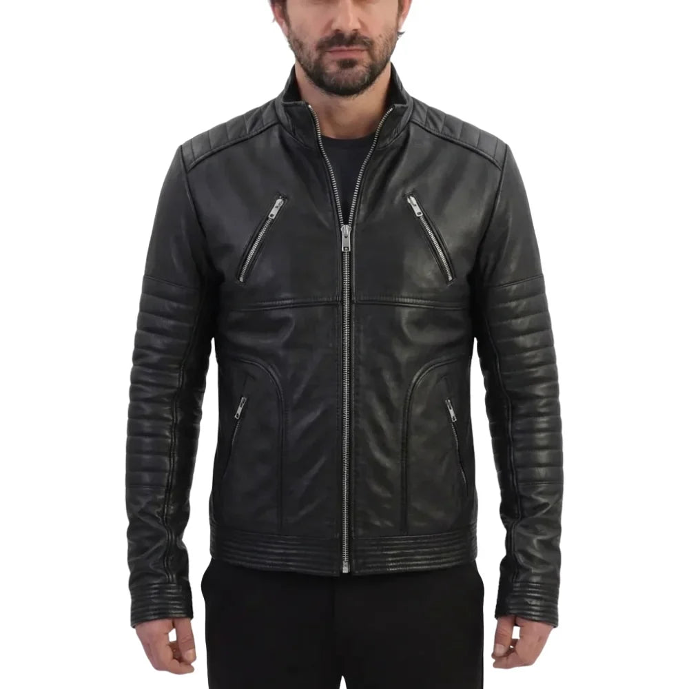 Men's leather jacket with straight zip up collar