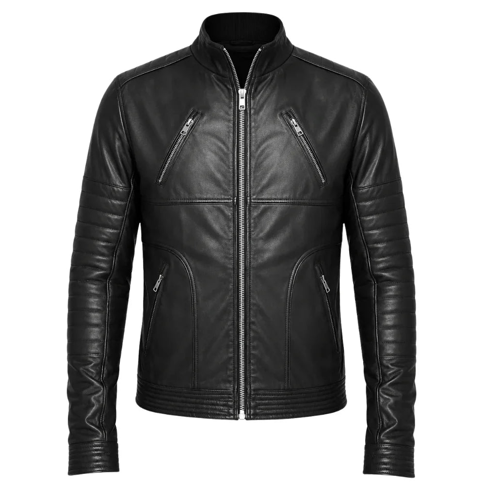 Men's leather jacket with straight zip up collar