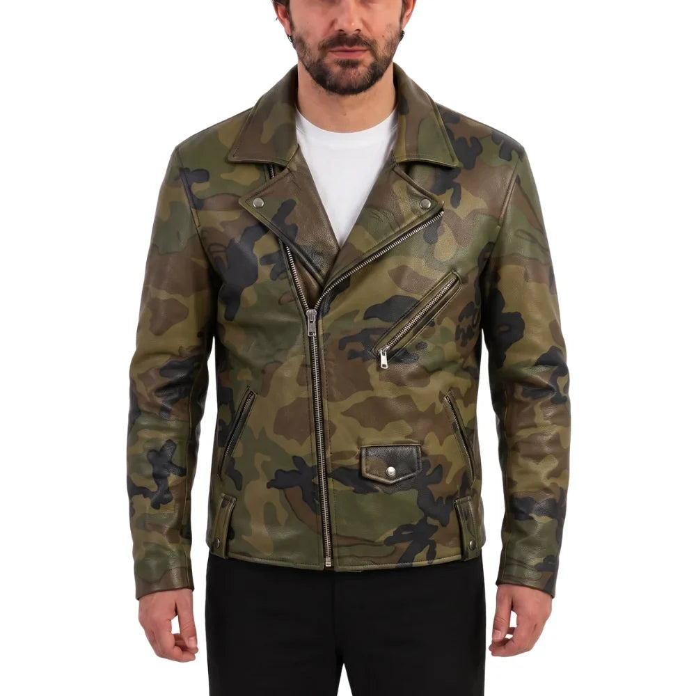 Military Printed Camouflage Leather Biker Jacket