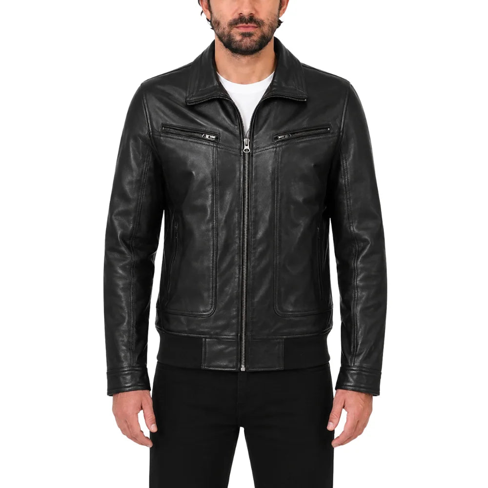 Black Leather Jacket with Collar