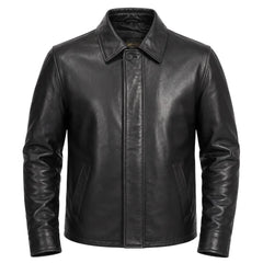 Plain black classic leather jacket with collars