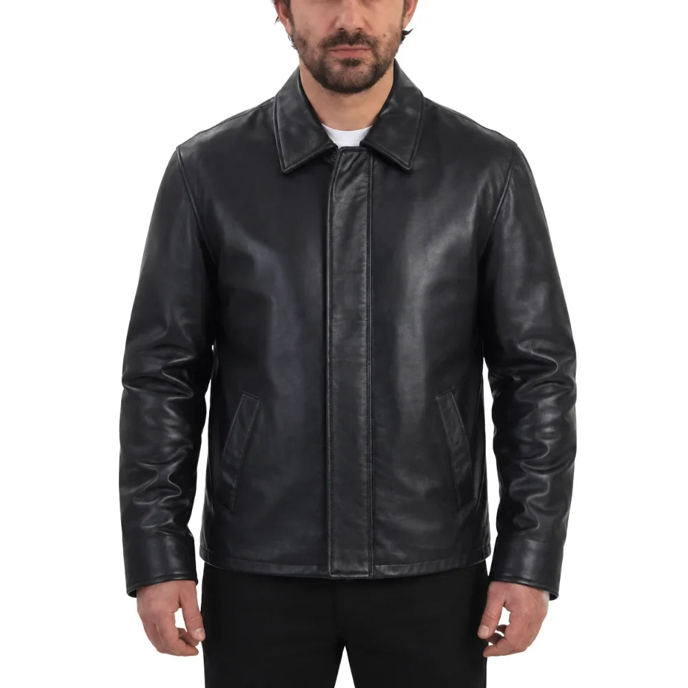 Plain black classic leather jacket with collars