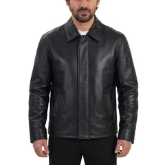Plain black classic leather jacket with collars