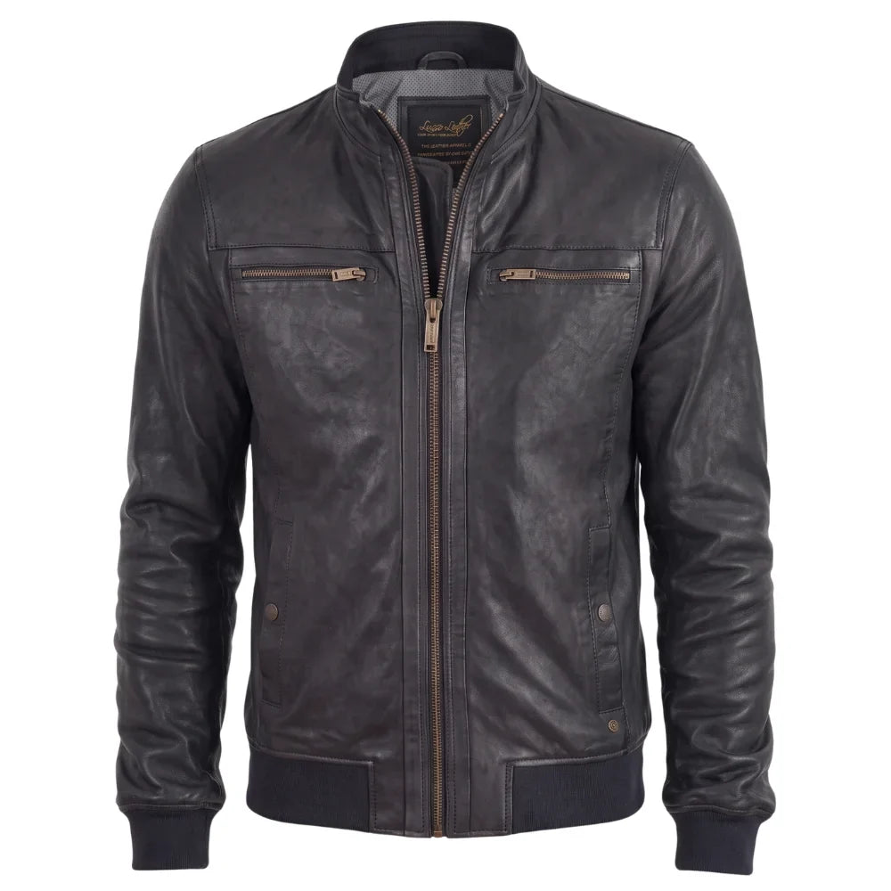 Black Leather Jacket with Ribbed Cuffs and Hem