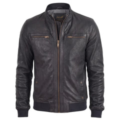 Black Leather Jacket with Ribbed Cuffs and Hem