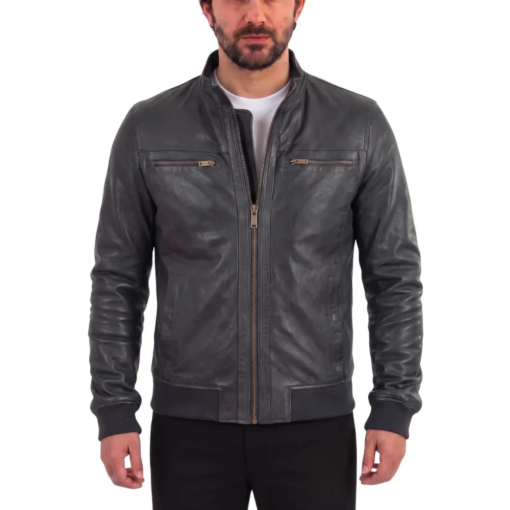 Black Leather Jacket with Ribbed Cuffs and Hem