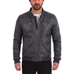 Black Leather Jacket with Ribbed Cuffs and Hem
