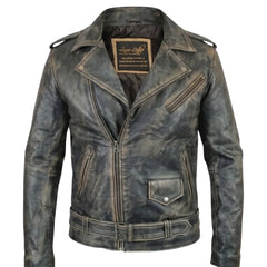 Distressed Belted Leather Biker Jacket