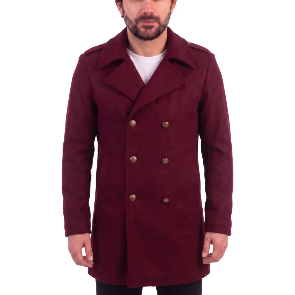 Men's Burgundy Wool 3/4 double breasted coat