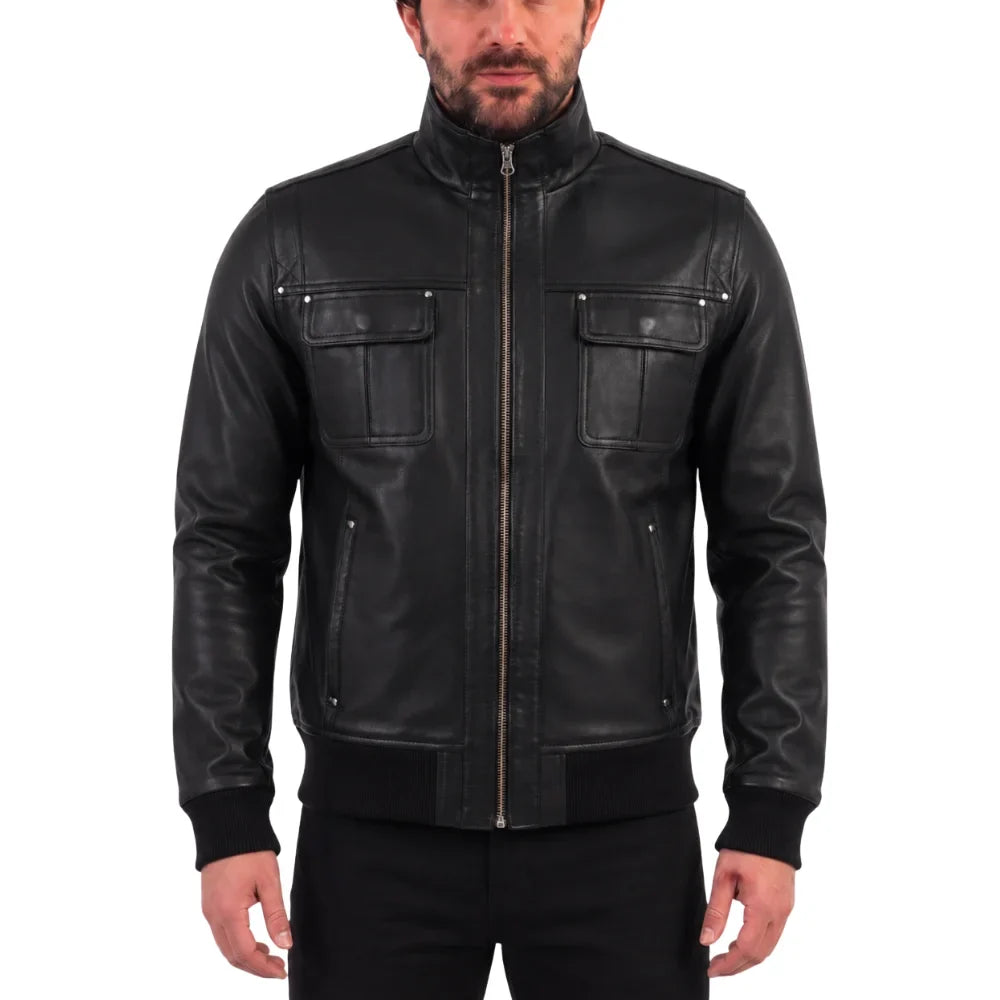 Black Leather Jacket with Straight Ribbed Collar