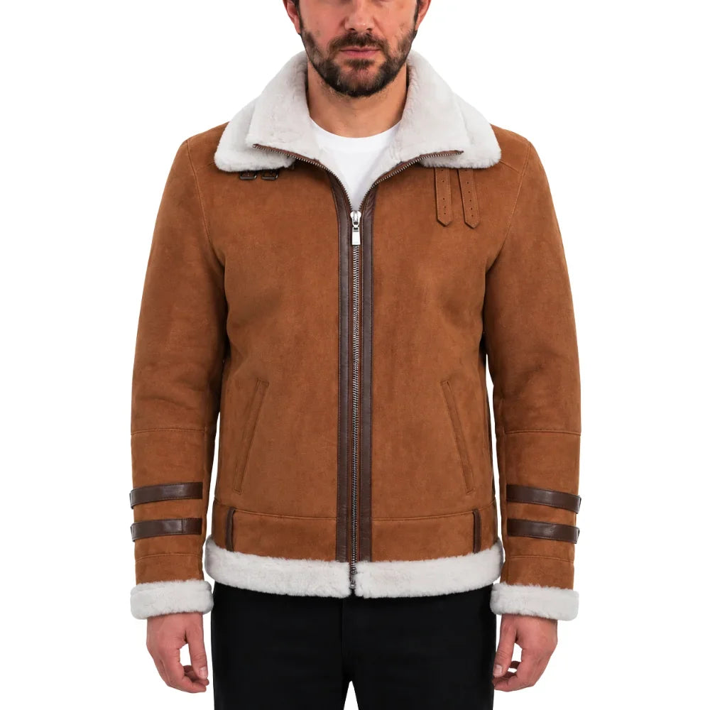 Hagan's Tan Aviator bomber Suede shearling jacket