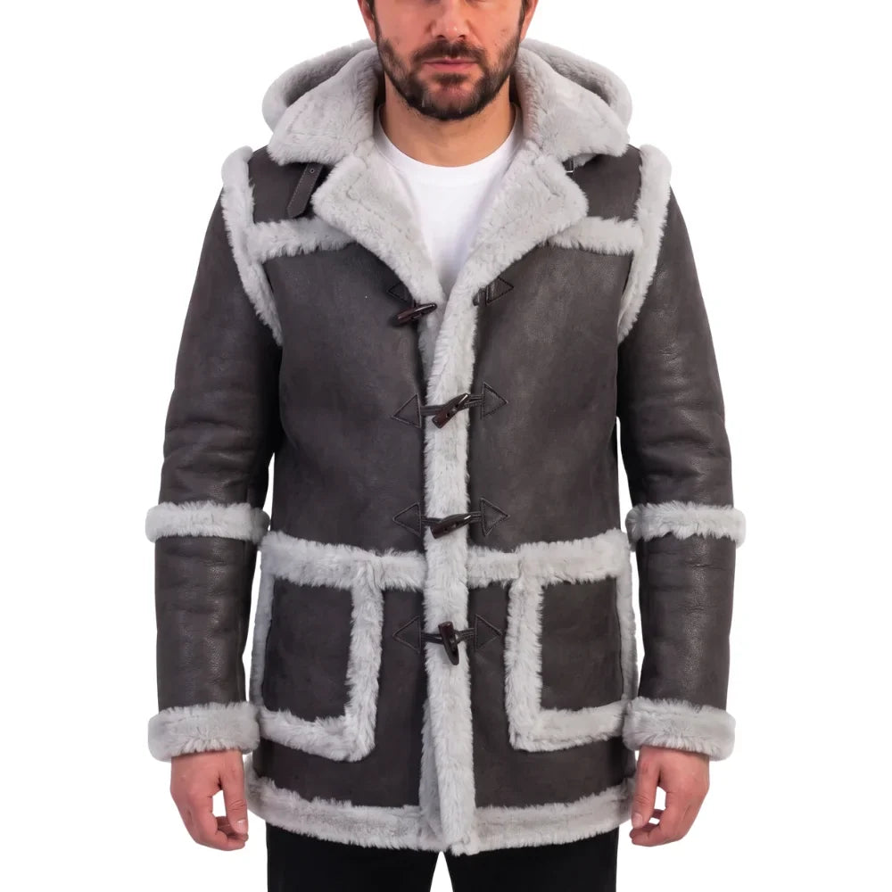 Rayyan's 3/4 length Rancher hooded shearling coat
