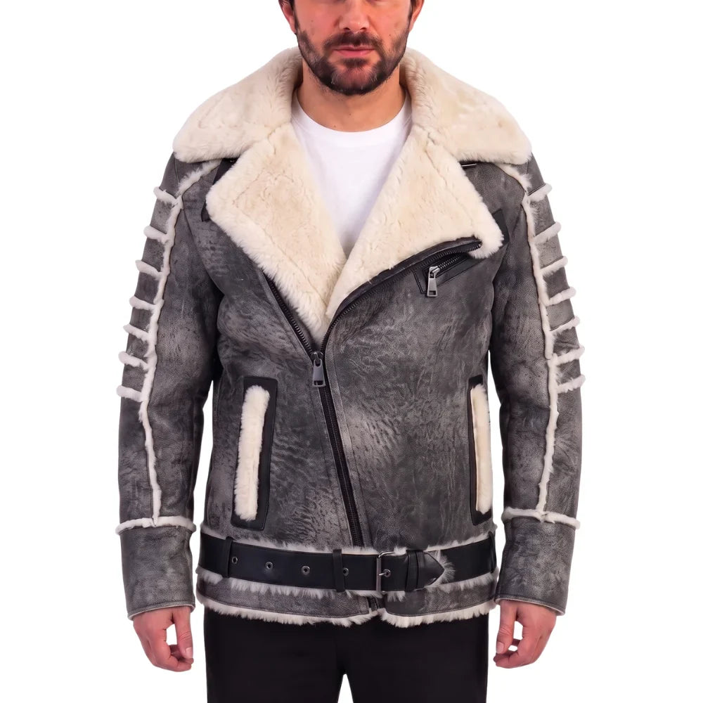 Albert Distressed Grey Shearling Leather Biker Jacket