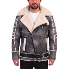 Albert Distressed Grey Shearling Leather Biker Jacket