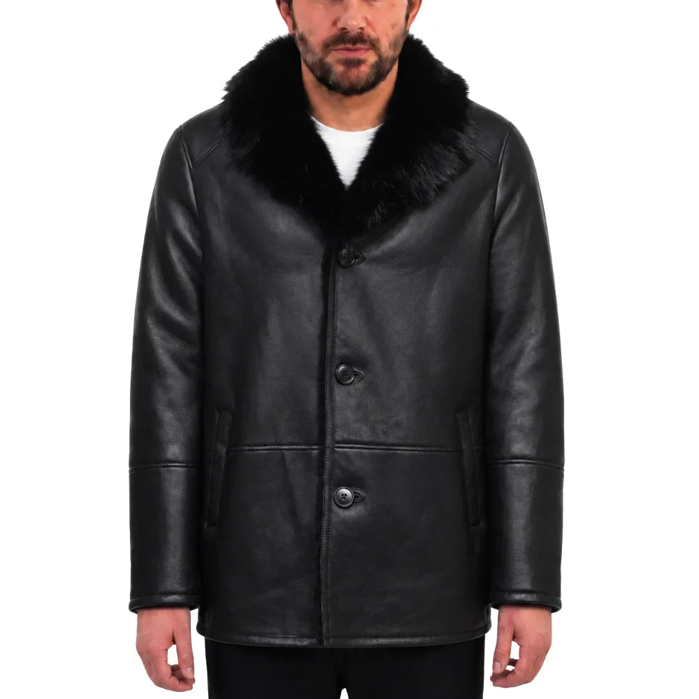 Black shearling trench coat with Toscana fur trim