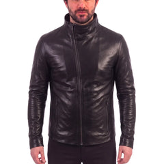 Black leather jacket with high neck pullover