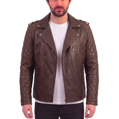 Diamond Stitched Brown Quilted Leather Biker Jacket