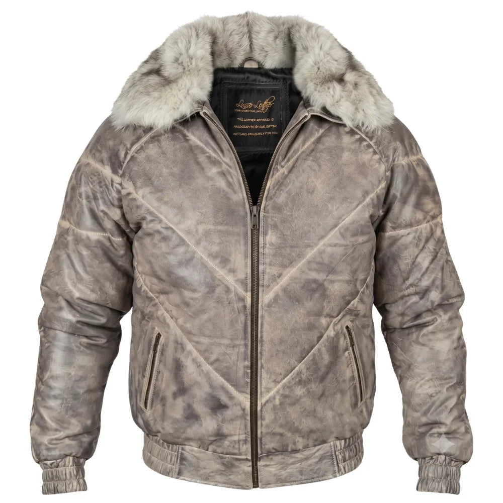 Casper V-Bomber Leather Puffer Jacket with White Fox Fur Collar