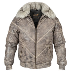 Casper V-Bomber Leather Puffer Jacket with White Fox Fur Collar