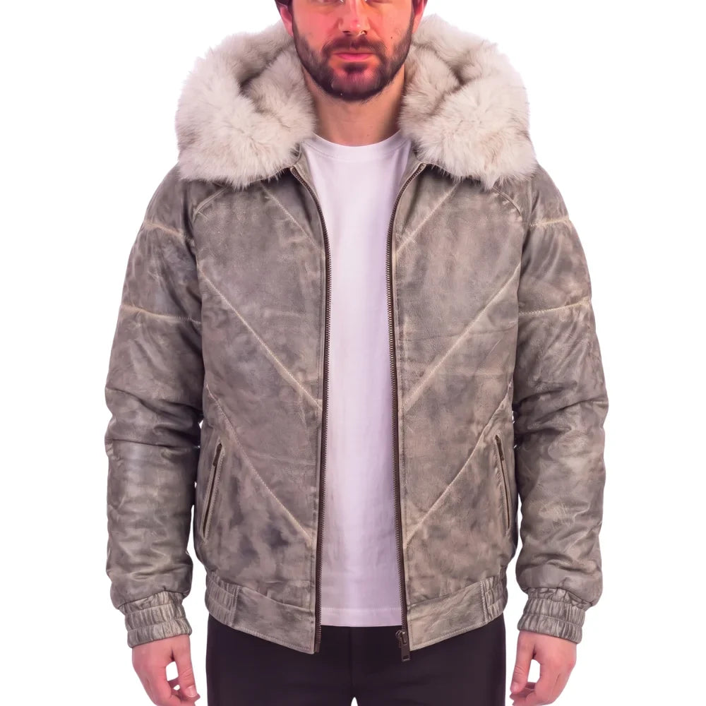 Casper V-Bomber Leather Puffer Jacket with White Fox Fur Collar