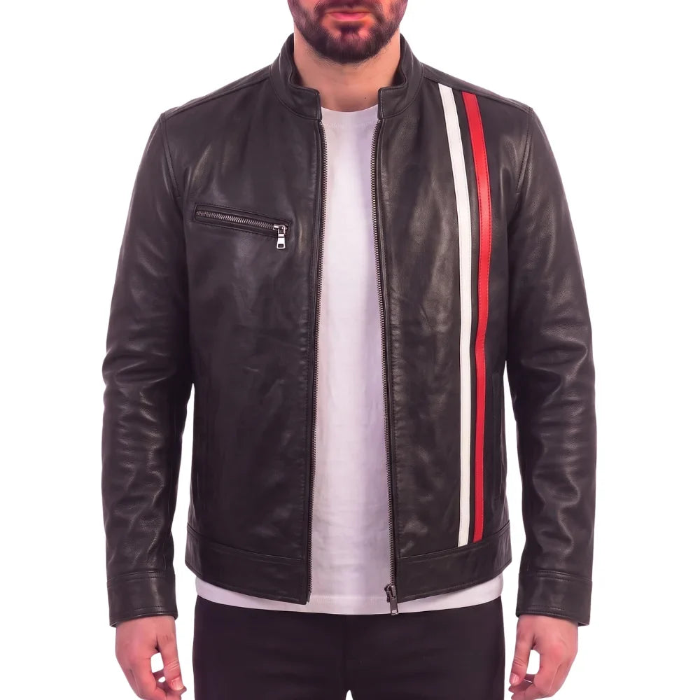 Plain Black Moto Style Jacket with Stripes