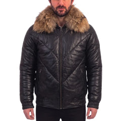Black V-Bomber Leather Puffer Jacket with Fur Collar