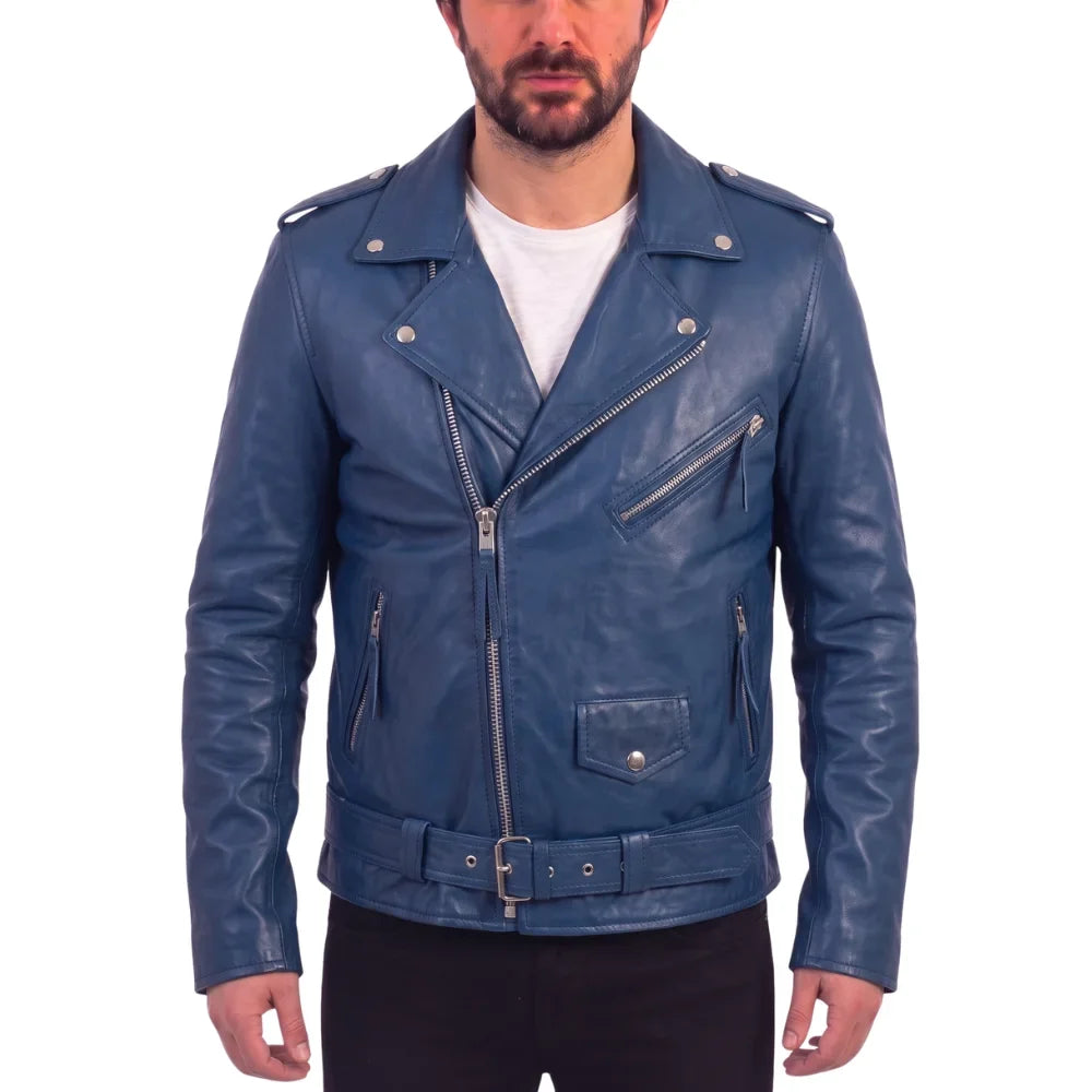 Kain Blue Belted Leather Biker Jacket