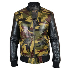Bomber Camouflage Military print leather jacket with Back sleeves