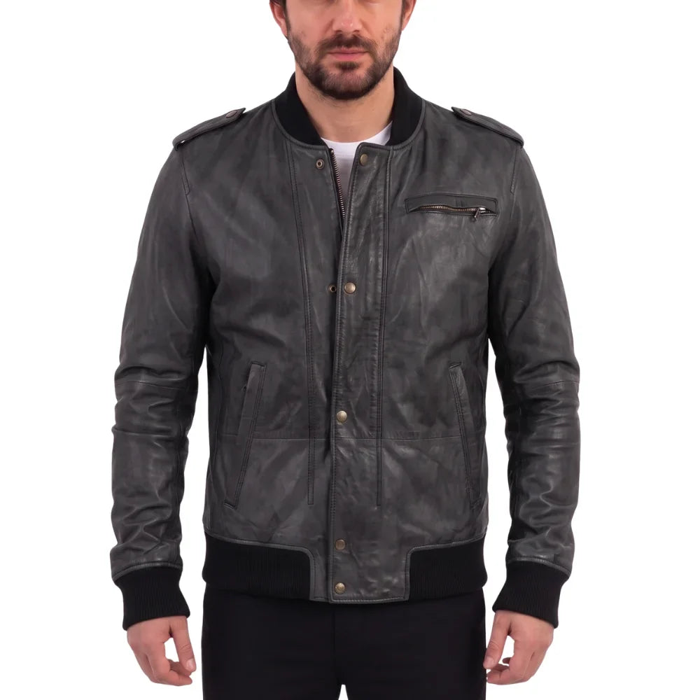 Black Bomber Leather Jacket with Button Closure