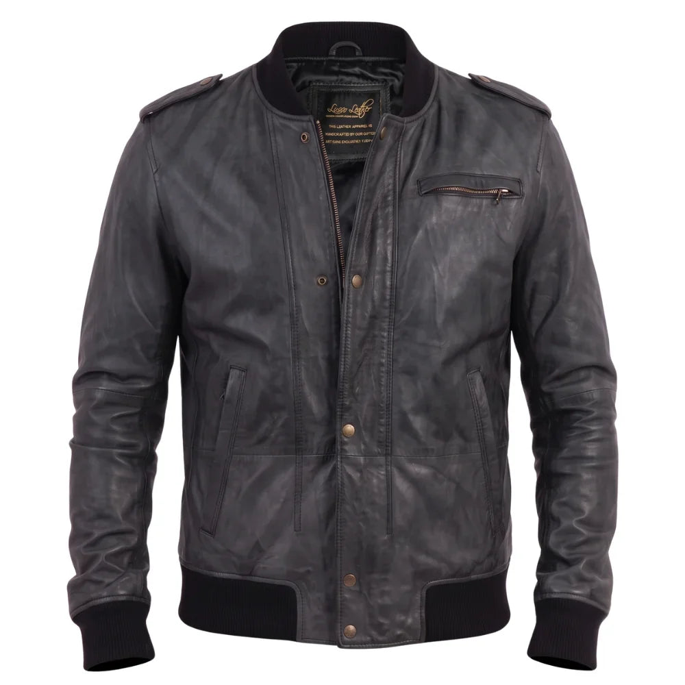 Black Bomber Leather Jacket with Button Closure