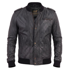 Black Bomber Leather Jacket with Button Closure