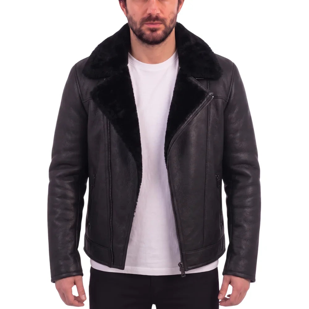 Carters Black Leather Biker Shearling Jacket