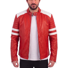 Red moto style jacket with white patches