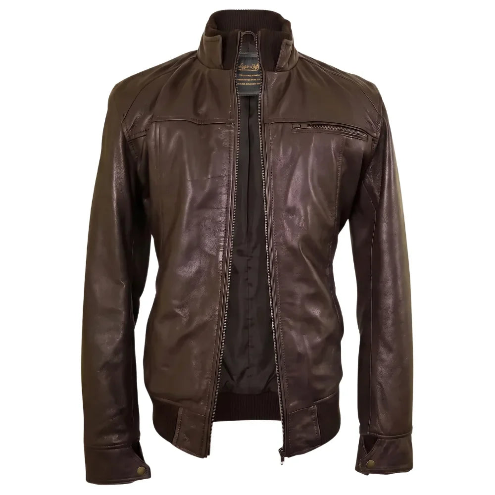 Brown leather jacket with straight ribbed collar, cuffs and hem